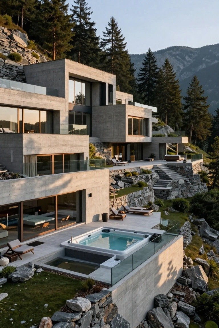 Modern concrete hillside villa with infinity hot tub and mountain views.