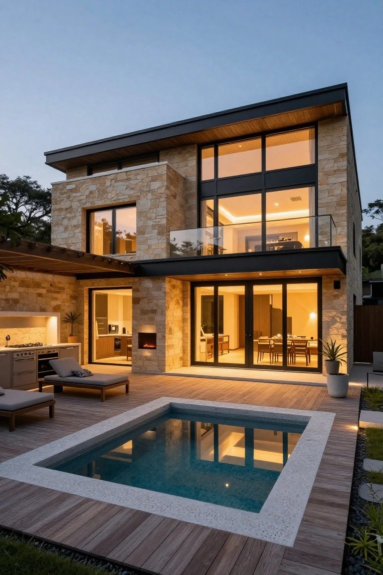 Two-story contemporary house with sandstone walls, large glass doors and windows lit warmly at dusk, opening to a timber deck with square turquoise plunge pool, white aggregate edging, outdoor kitchen, lounge chairs, and plants.