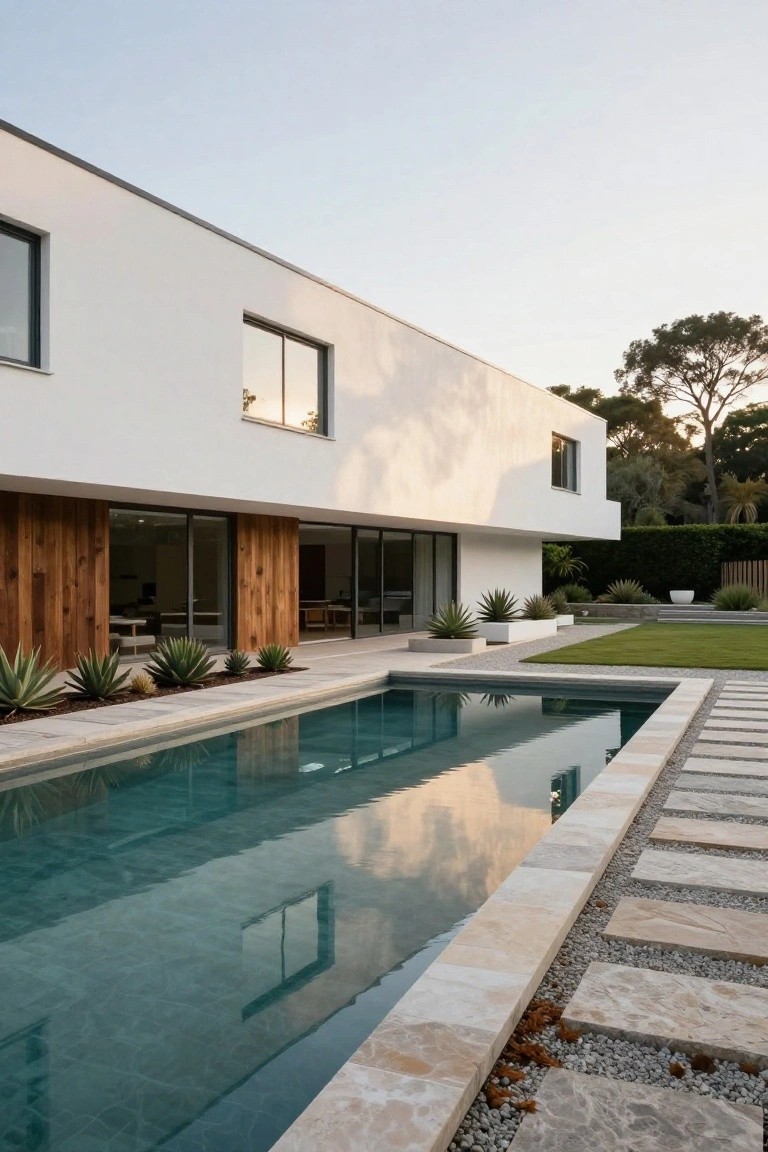 Modern white house with wood panel accents and large glass doors beside a rectangular turquoise pool edged in beige stone slabs, bordered by agave succulents in gravel beds, stone paver paths, grass lawn, and distant pine trees.