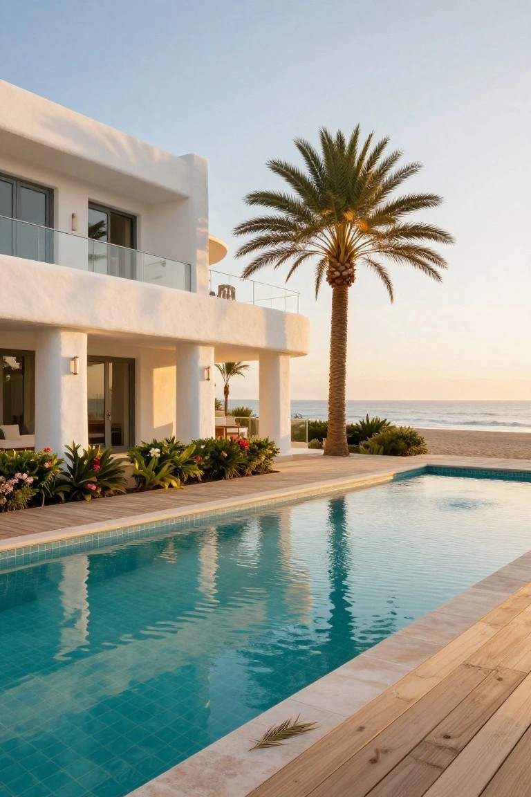 White contemporary house with balcony and large windows beside a turquoise-tiled pool edged in wood decking and stone, tropical plants and tall palm tree nearby, beach and ocean in background at golden hour.