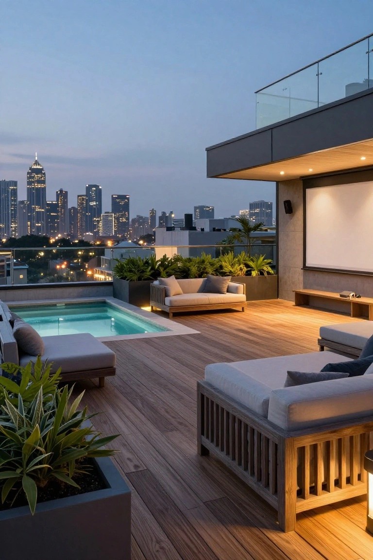 Modern rooftop terrace with pool, seating, projector, and city skyline at dusk.