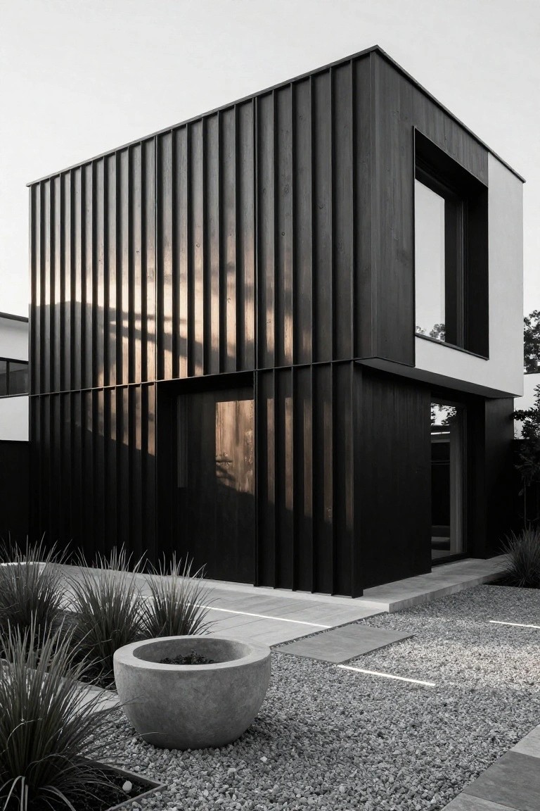 Black-and-white photo showing a contemporary cubic house with dark vertical wood slat cladding on walls, large windows, a framed entry door, gravel ground cover, ornamental grasses, and a large concrete bowl planter.