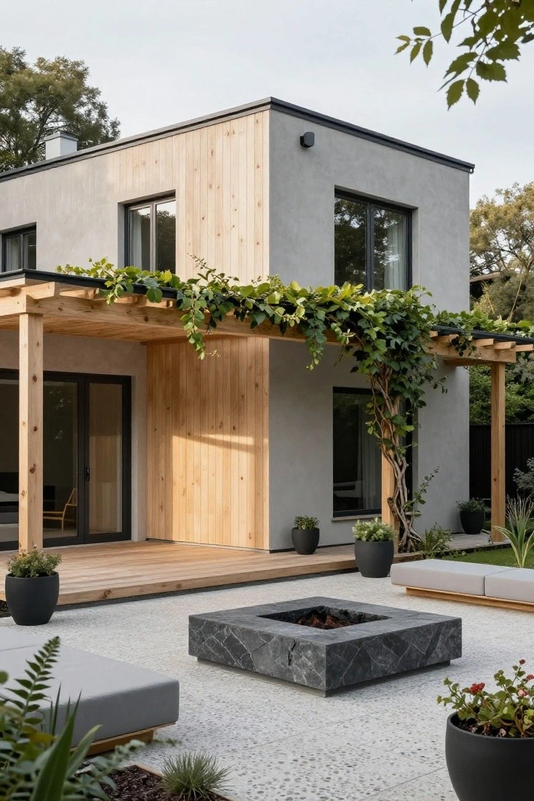 Contemporary two-story house with gray stucco walls, vertical wood cladding, and a wooden pergola covered in green climbing vines over a pebble patio with a black stone fire pit and low gray seating.
