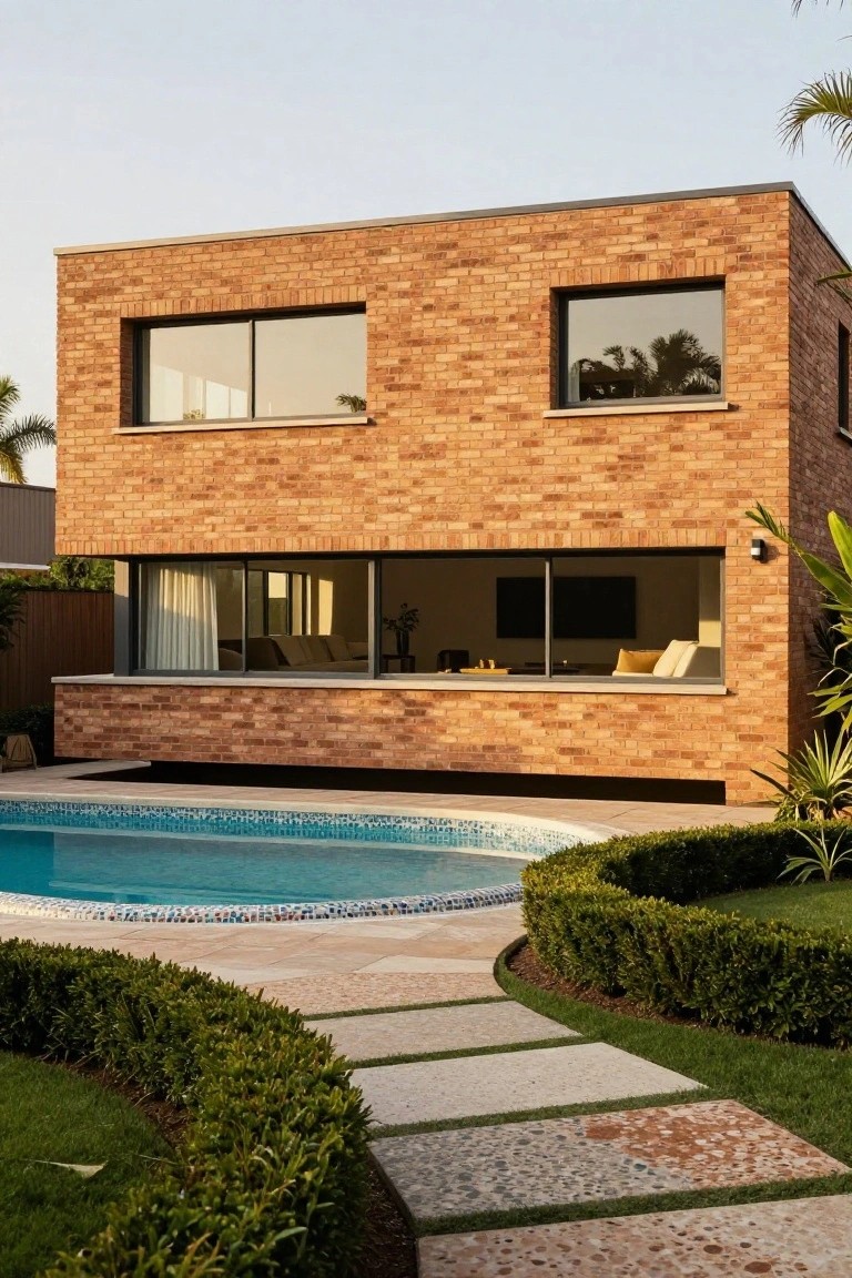 Modern two-story brick house with large horizontal windows overlooking a curved turquoise pool edged in mosaic tiles, surrounded by low green hedges, palm trees, and a curved pebble stone pathway.