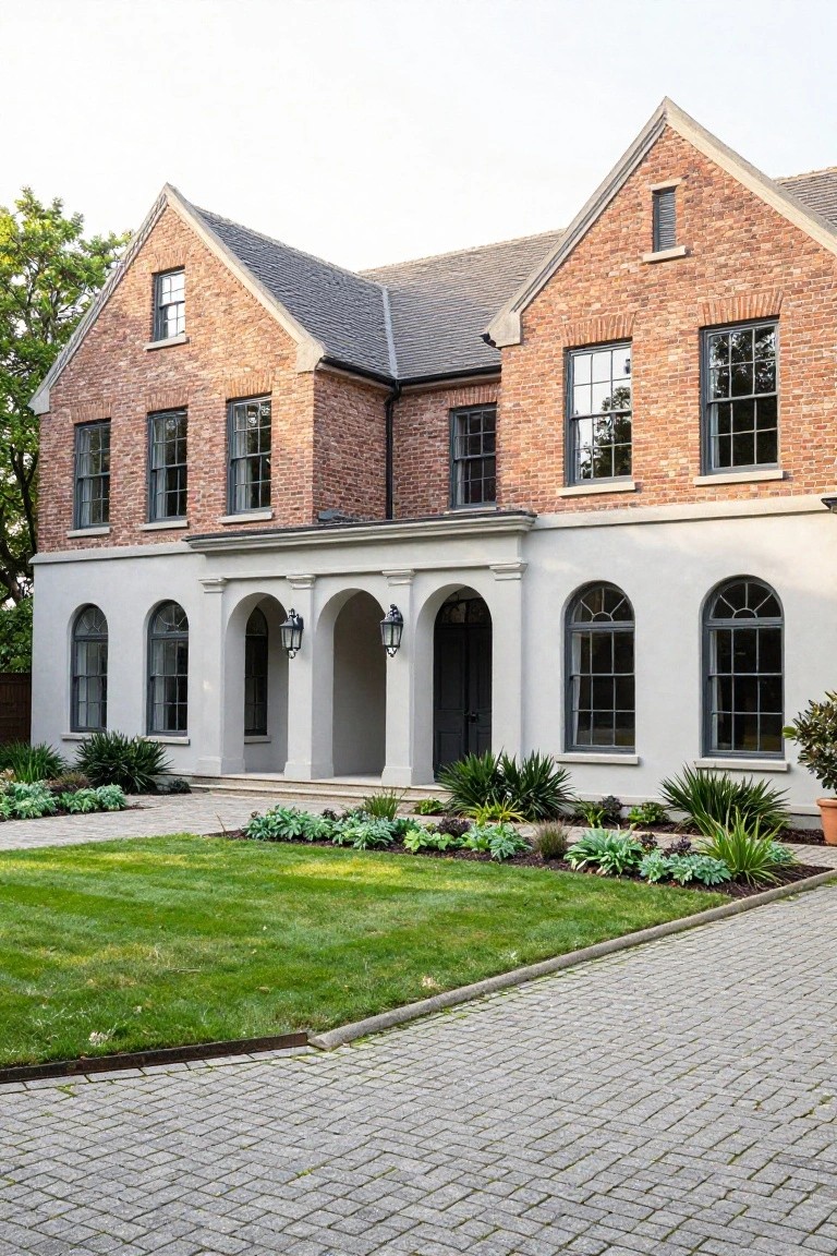 Brick two-story house with gabled slate roof, white stucco portico featuring three arches and columns at the centered dark wood door, black-framed windows, paver driveway, lawn, and low plantings in front.