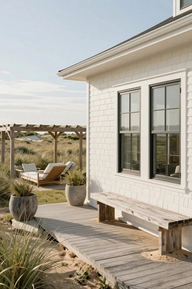 White shingled house exterior with large black-framed windows, gray wooden deck extending to sand with bench, nearby pergola sheltering cushioned daybed amid beach grasses and dunes.