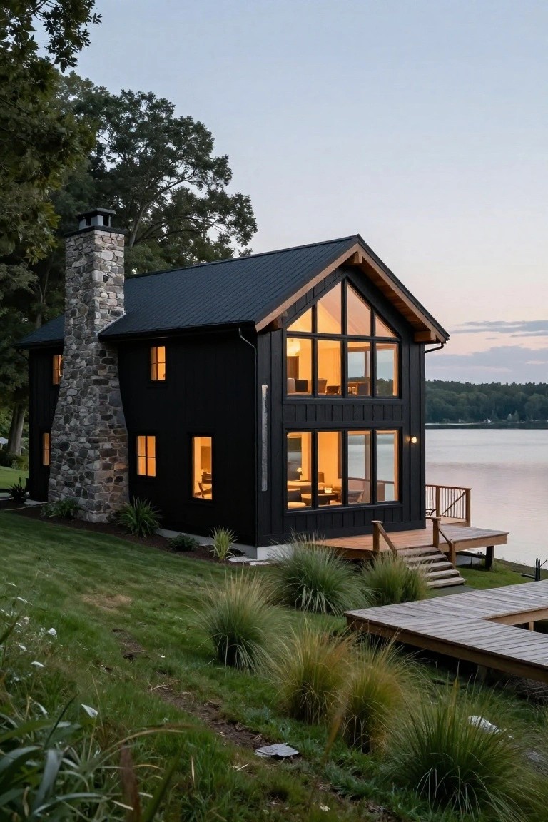 Black cabin-style house with tall stone chimney, large gable-end windows, wooden deck and dock extending to a lake, surrounded by grass, plants, and trees at dusk.