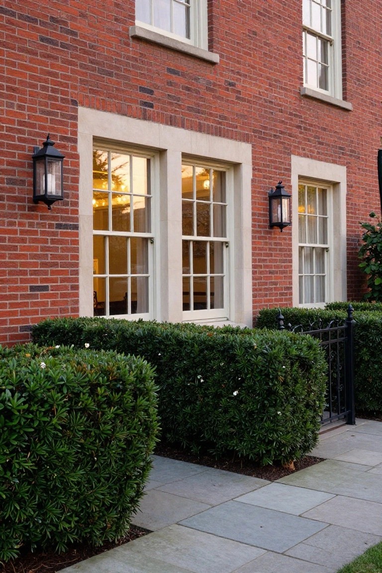 Brick house with white windows, black lanterns, and green hedges.