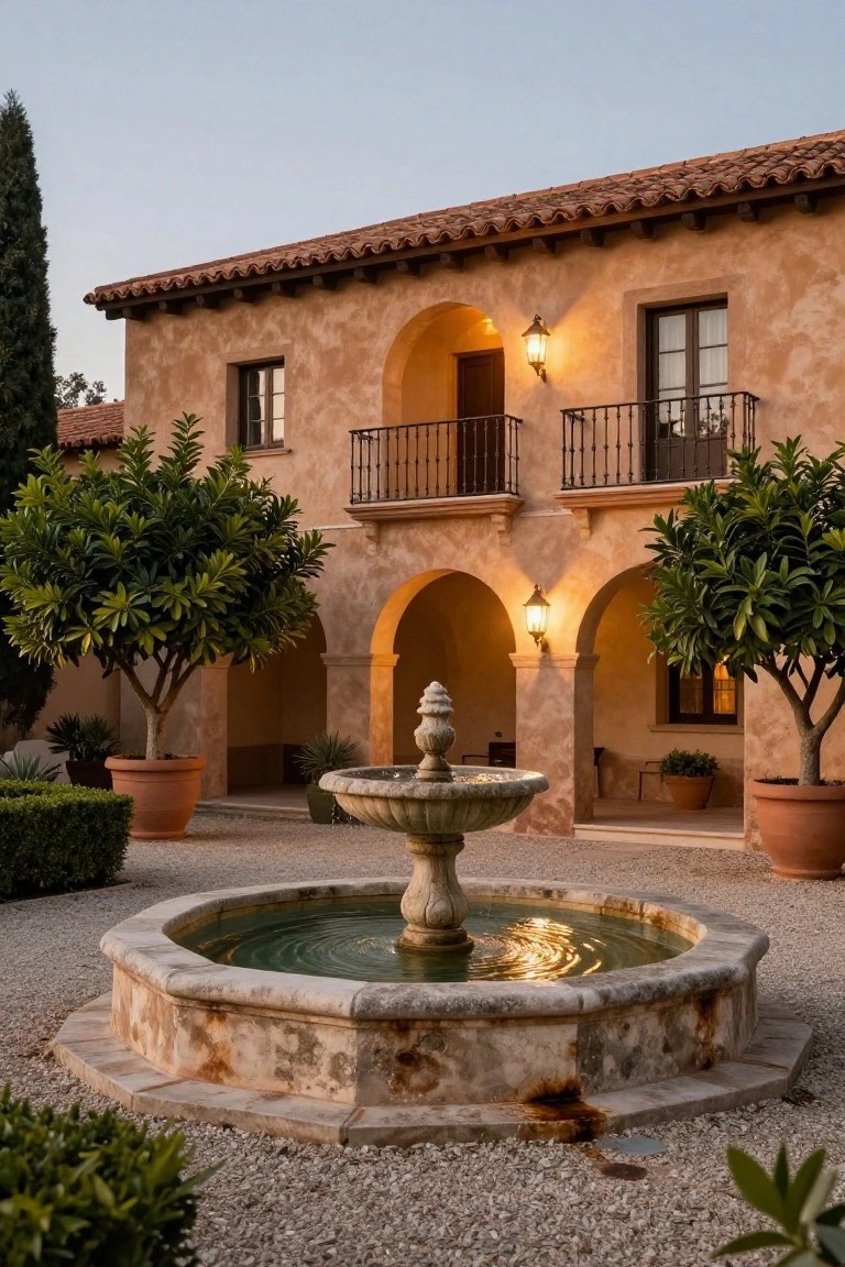 Gravel courtyard with central stone fountain in front of beige stucco house featuring arched portico, balcony, potted trees, lanterns, and plants at dusk.