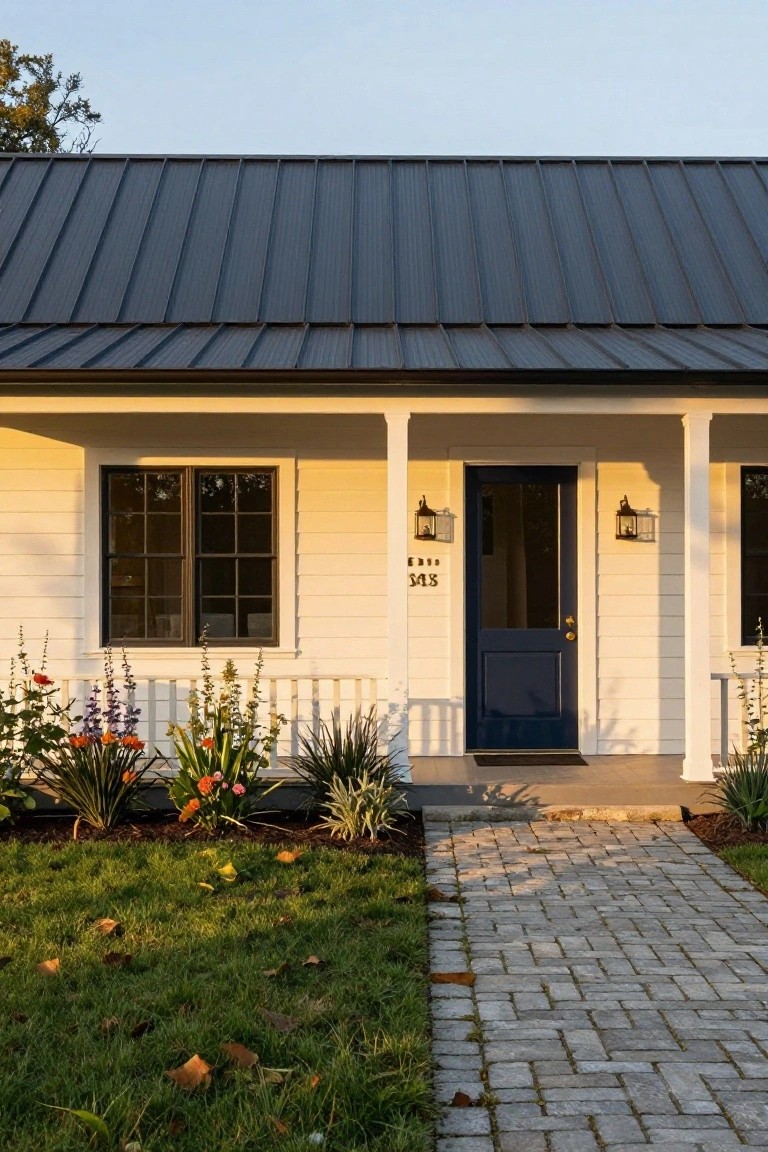 White clapboard house with dark corrugated metal roof, covered porch supported by white columns, navy blue front door numbered 585, flanked by lanterns, brick paver pathway, and landscaped beds with grasses and flowers.
