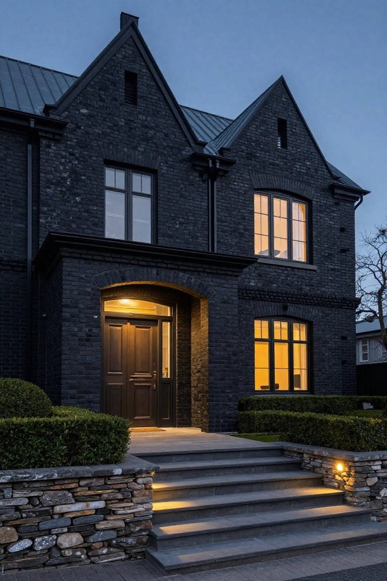 A two-story house with black brick walls, gabled metal roofs, tall narrow windows, arched entry with double wood doors, stone retaining wall and steps with integrated lights, flanked by boxwood shrubs, viewed at dusk.