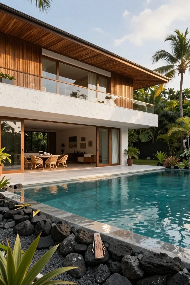 Modern tropical house exterior with wood-clad upper level, white stucco lower walls, open glass doors to poolside dining area, infinity pool bordered by black lava rocks and tropical plants.