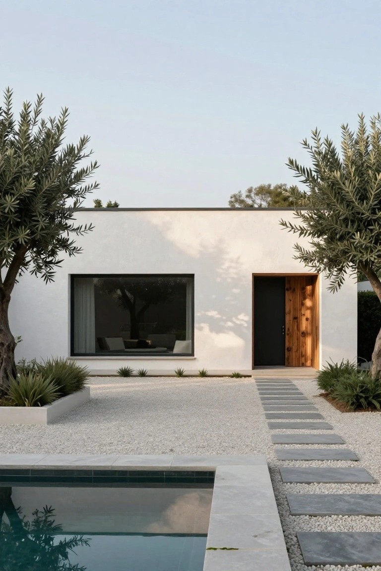 White stucco house with large black-framed window and dark wooden door flanked by two olive trees, gravel courtyard with gray stone paver pathway, and small rectangular pool in foreground.