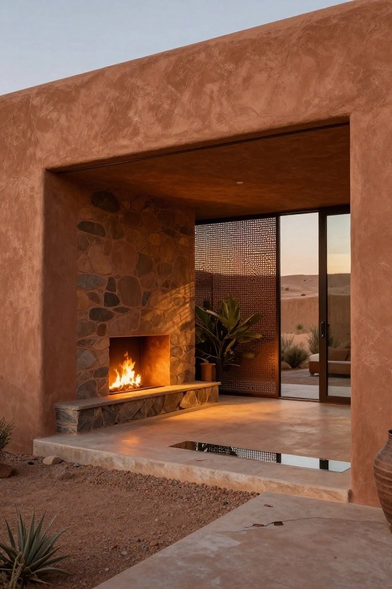 Adobe walls enclose a patio with a lit stone outdoor fireplace, sliding glass doors, a lattice screen, potted plant, and desert landscaping beyond.