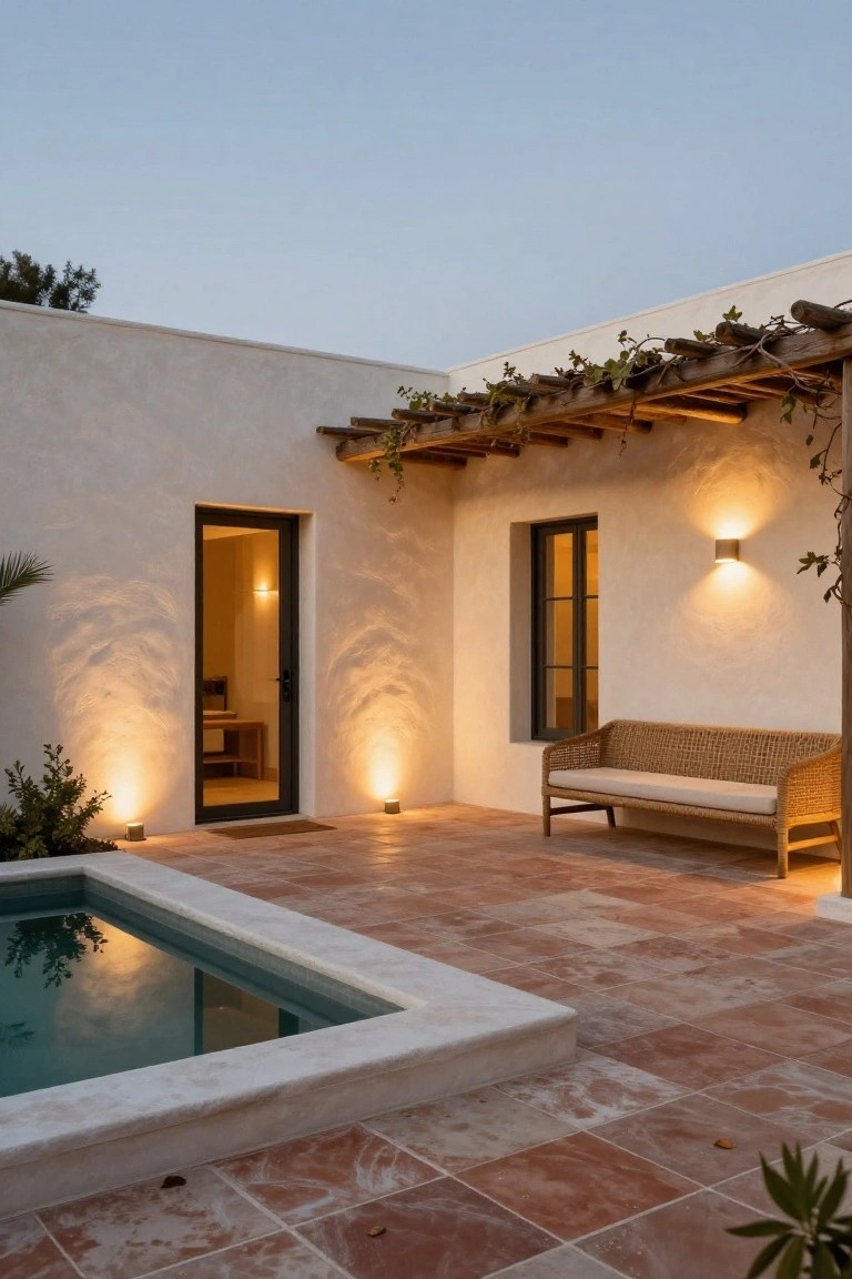 Terracotta courtyard with pool, woven bench, and warm evening lights.