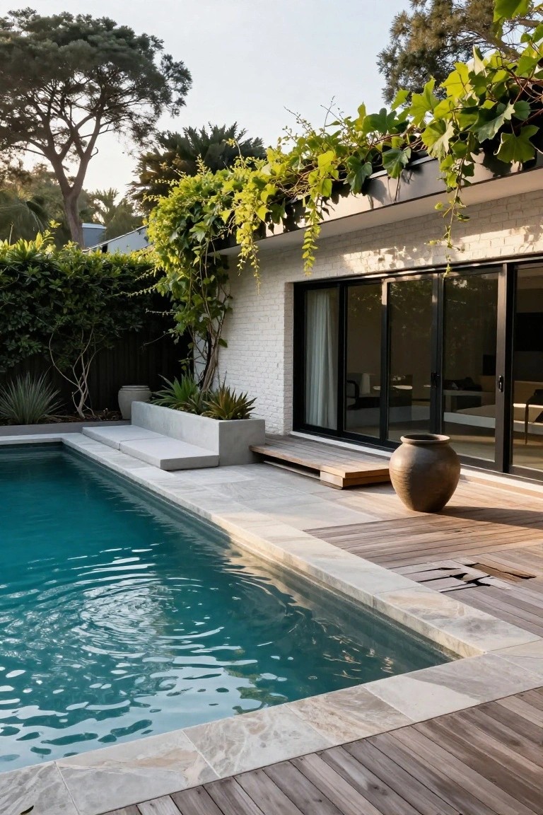 Backyard pool with light gray stone coping, adjacent light wood decking, white brick house wall with black-framed sliding glass doors, concrete planters with agave plants, large terracotta pot, climbing vines, and surrounding greenery.