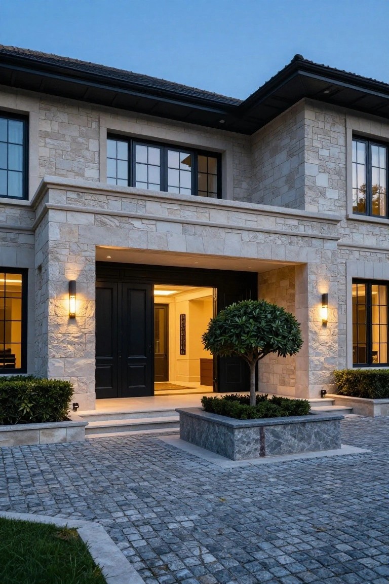 Beige stone house exterior at dusk with black-framed windows and double doors in a recessed entry, flanked by wall lanterns, a central raised stone planter box containing a small tree, boxwood shrubs, and gray cobblestone paving.