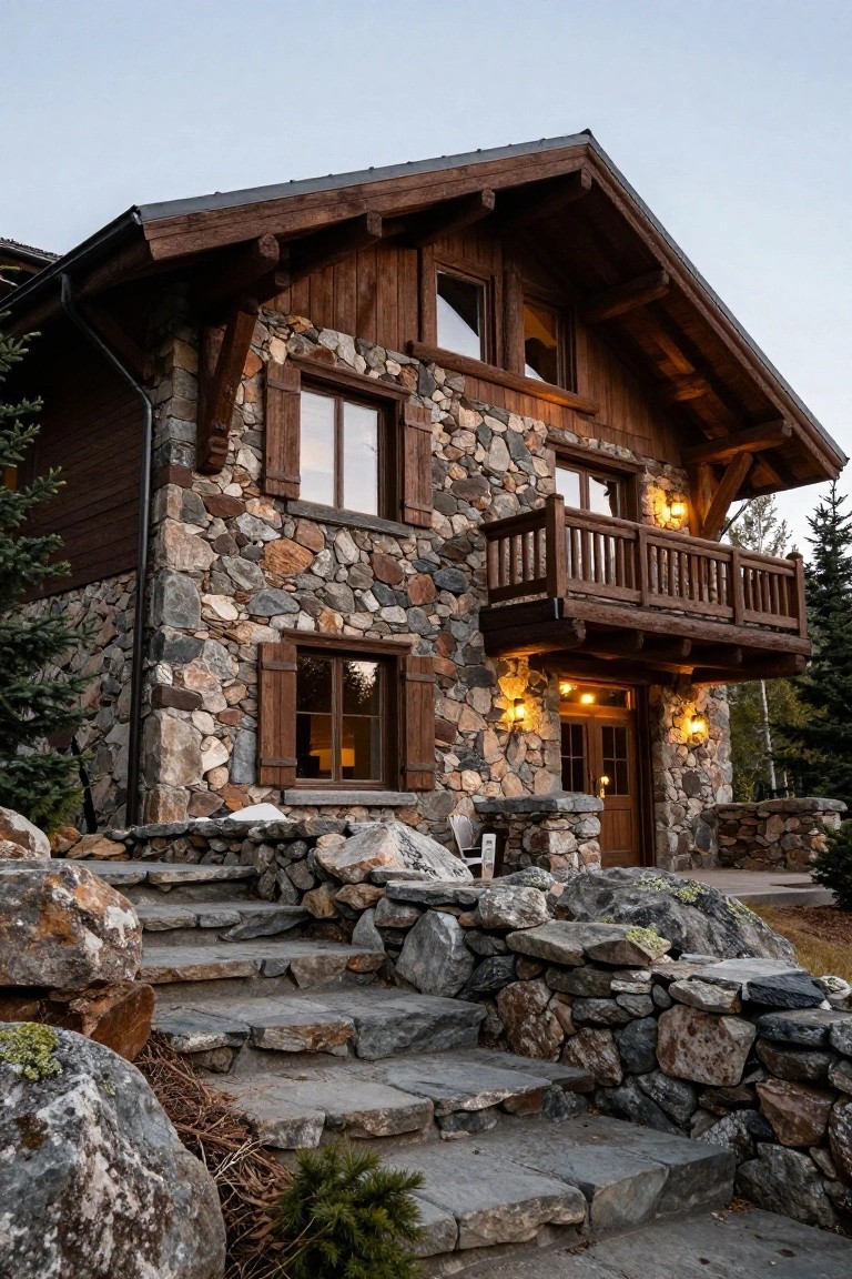Two-story chalet house with irregular stone lower walls and timber upper cladding, wooden balcony and shutters, stone entry steps, wall lights, and surrounding rocks and pine trees.