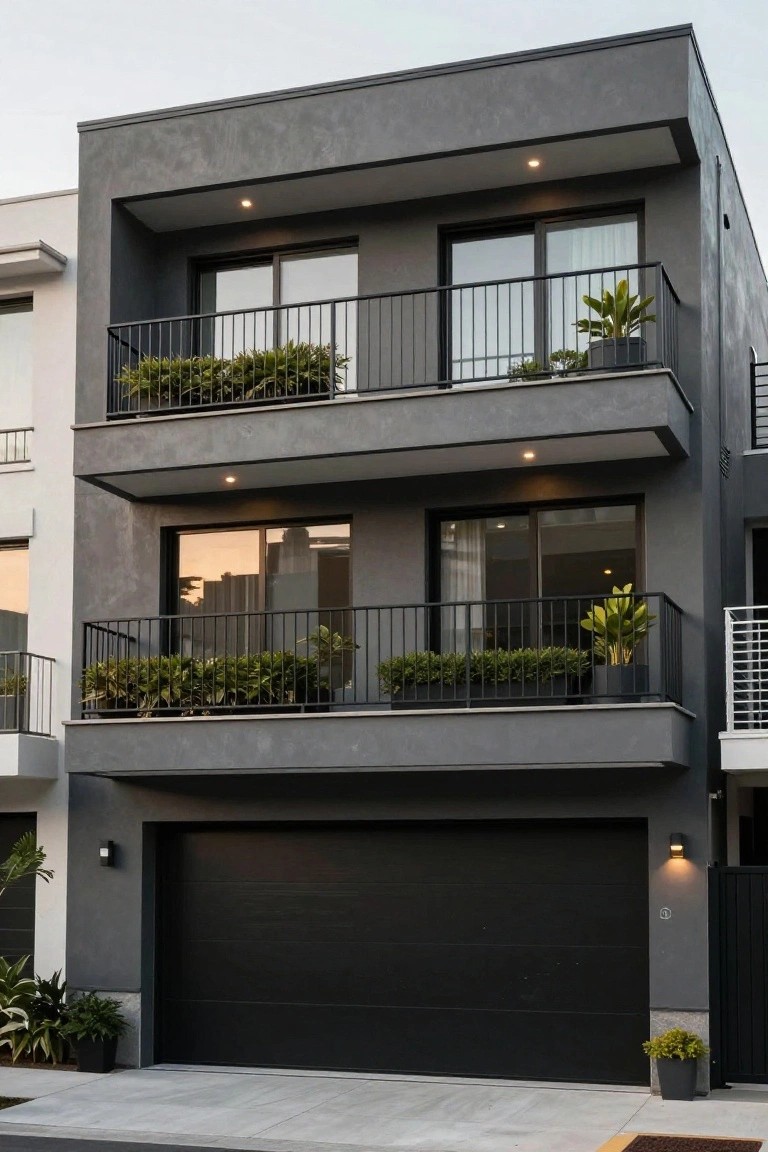 Three-story narrow modern townhouse with textured gray walls, black-framed sliding glass doors and windows on balconies with black railings and green plants in planters, black garage door, and potted plants near the entrance.