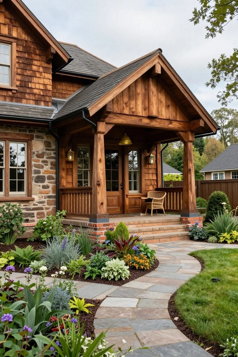 Wood shingle siding house with stone foundation, timber-framed gabled porch supported by posts, double wood doors, lanterns, wicker chair, brick steps, and curved slate pathway lined with flowering plants and grasses.