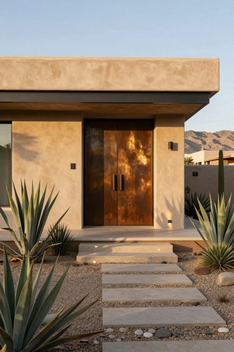 Beige stucco modern house exterior featuring large patinaed bronze double front doors, concrete steps and pavers on gravel, flanked by agave plants, with mountains in the background.