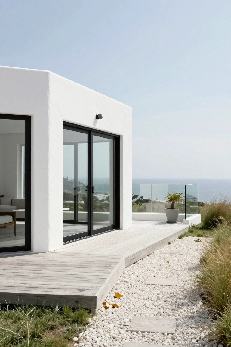 Corner view of a white stucco modern house featuring black-framed sliding glass doors opening onto a light wood deck with glass balustrade, adjacent pebble path and tall grasses overlooking the ocean.