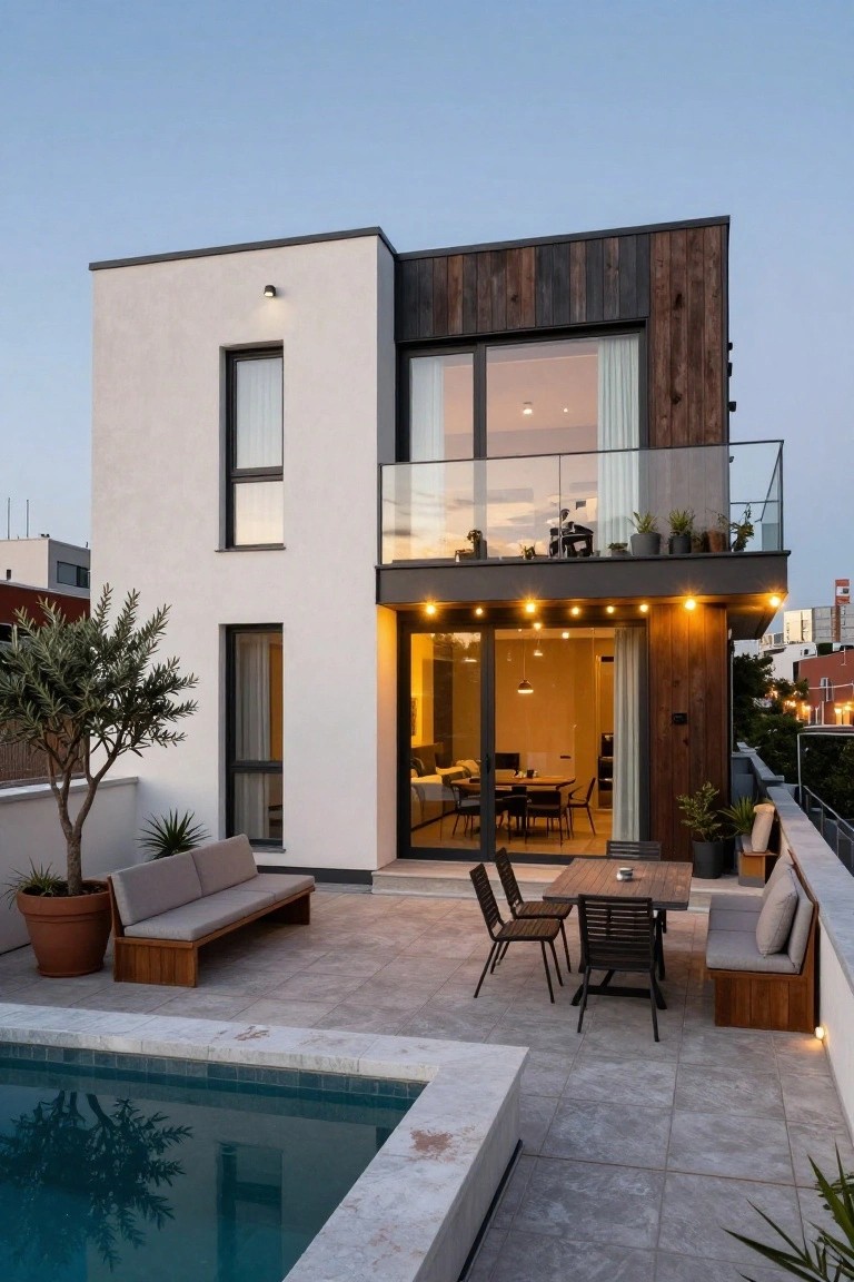 Two-story modern house exterior featuring white stucco walls, dark vertical wood cladding on one side, glass balcony, open sliding doors to tiled patio with infinity-edge pool, wooden benches and table, potted plants, and string lights at dusk.
