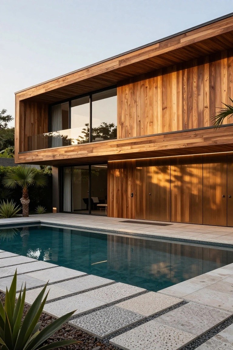 Modern house exterior featuring vertical wood cladding on walls and balcony, large glass windows and doors, wooden garage doors, infinity pool with stone paver decking, tropical plants, and gravel accents.