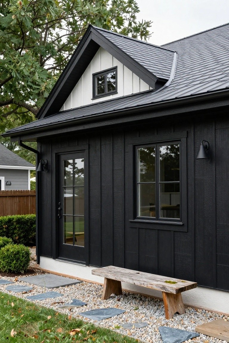Side exterior of a black board-and-batten garage with gabled metal roof, white gable trim, black-framed glass door and double window, wall sconces, stone paver path, wooden bench, gravel edging, bushes, trees, and grass.