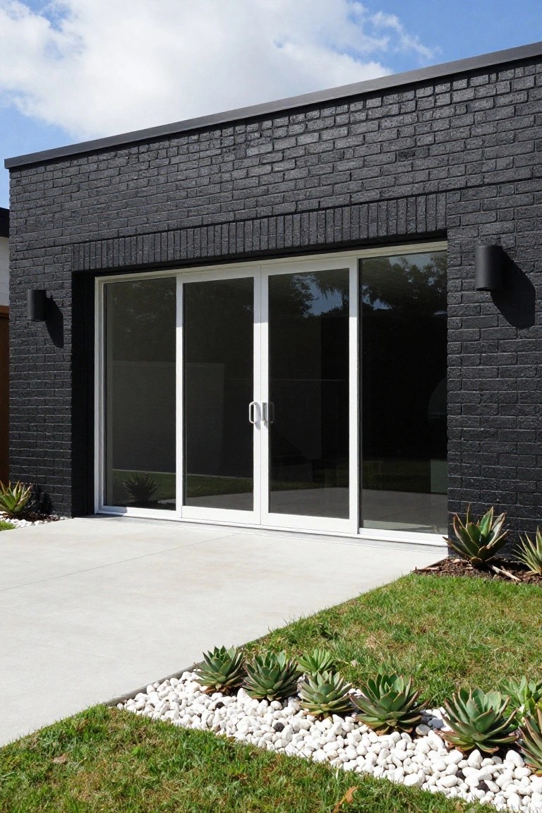 Black brick modern home exterior with large white sliding glass doors, black wall-mounted lights flanking the entry, concrete pathway, and landscaping of agave plants in white pebble beds along grass.