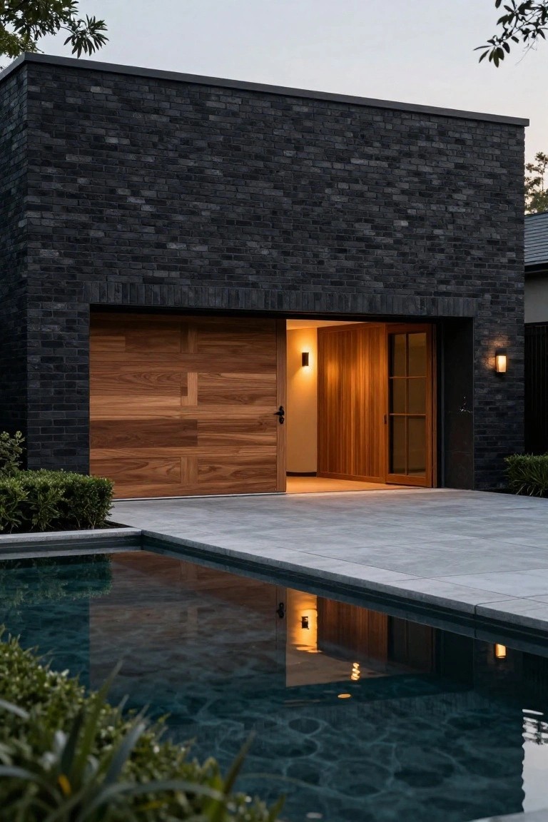 Modern black brick house exterior with open wooden garage door, wooden sliding entry doors, pool nearby, landscaping, and evening lights.