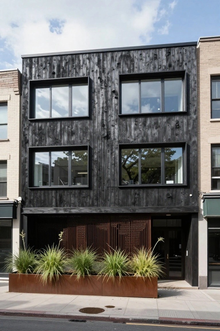 Modern three-story townhouse with vertical blackened wood cladding, large black-framed windows, latticed metal entry screen, and corten steel planters with tall grasses along the sidewalk in an urban setting.