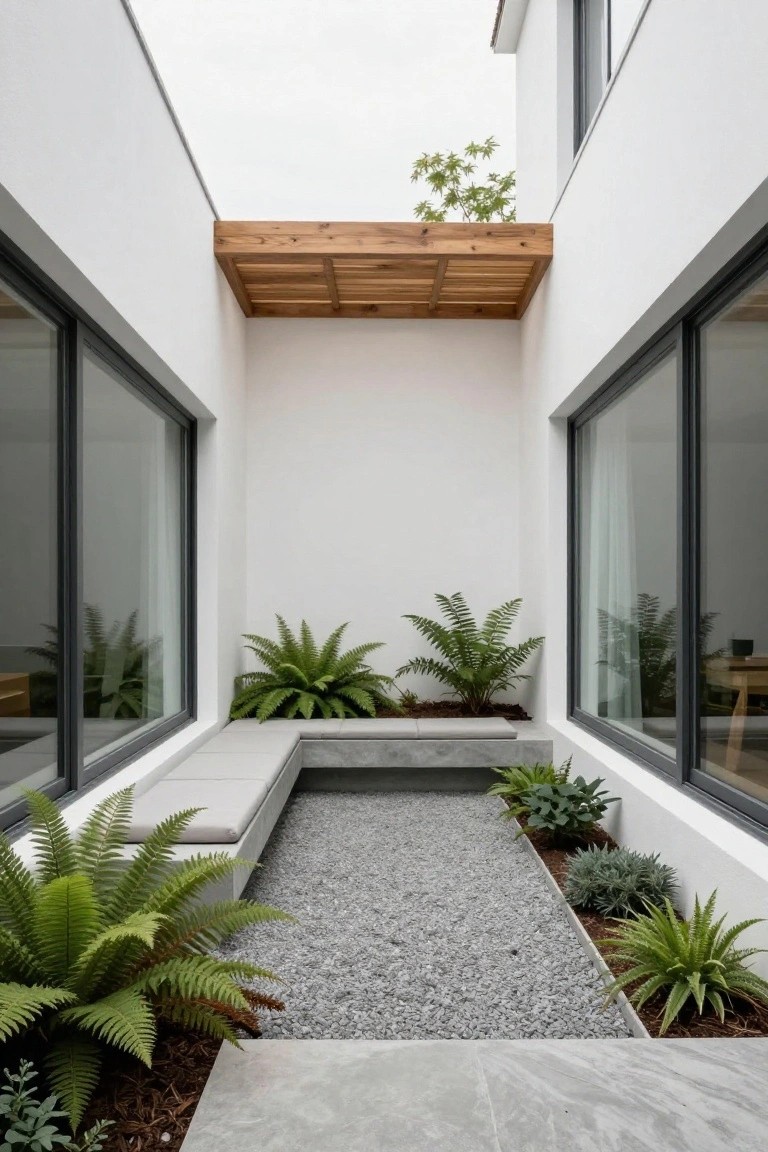 Narrow outdoor courtyard between white walls of a modern house with central gravel path lined by ferns, concrete bench seat, wooden slatted canopy overhead, and large black-framed glass windows on each side.