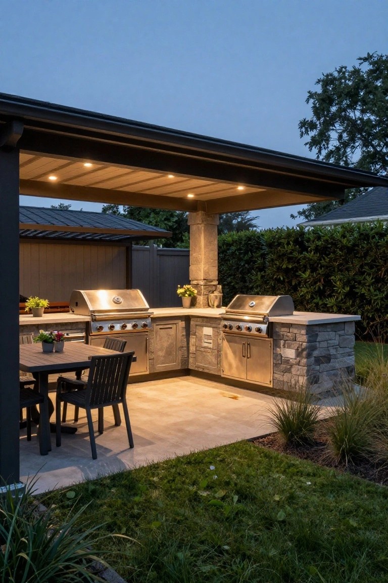 Backyard outdoor kitchen under a wooden pergola with recessed lighting, featuring two stainless steel grills on stone counters, cabinets, a dining table with chairs, potted plants, and surrounding grass and hedges at dusk.