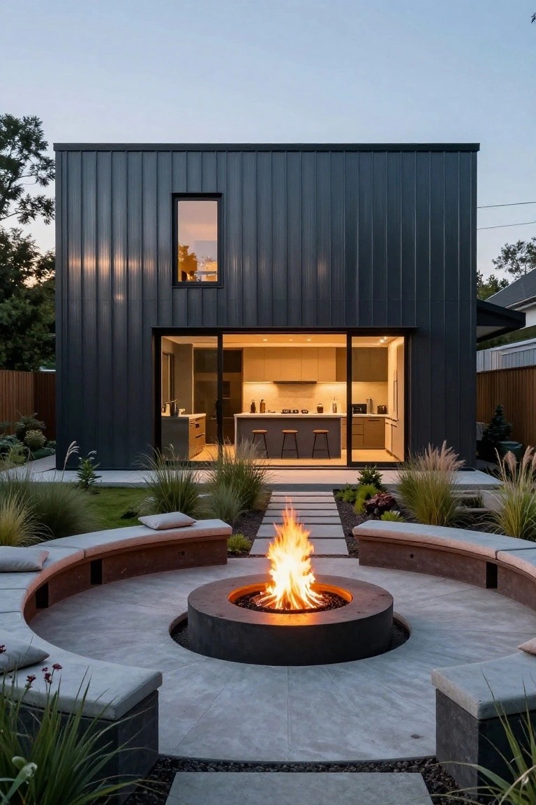Dark metal-clad modern house with large glass sliding door opening to backyard patio centered on circular concrete fire pit surrounded by curved low benches, cushions, stepping stones, and ornamental grasses.