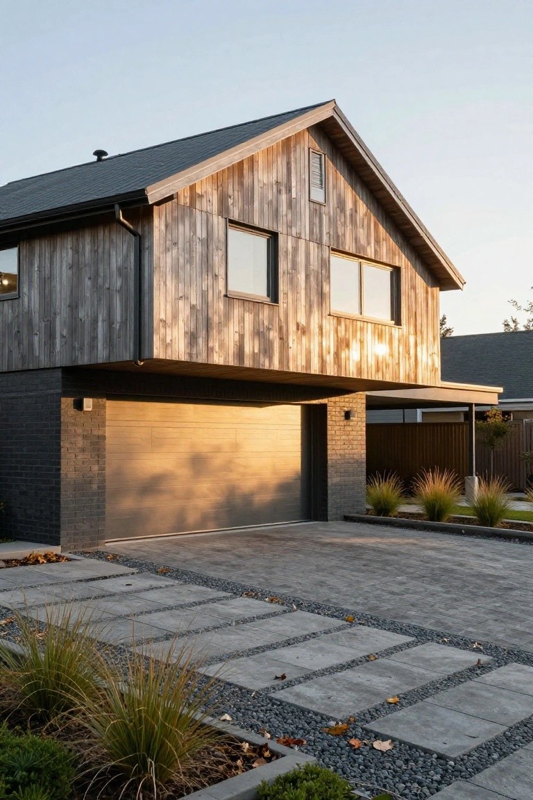 Modern two-story house with dark vertical wood cladding on upper facade above black brick garage, large windows, paver driveway with gravel strips, and ornamental grasses at dusk.