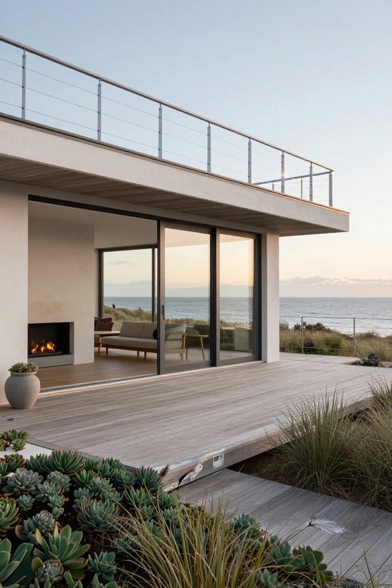 Modern white house exterior with large black-framed sliding glass doors opening from living area to wooden deck overlooking ocean dunes, with fireplace visible inside and succulents and grasses nearby.