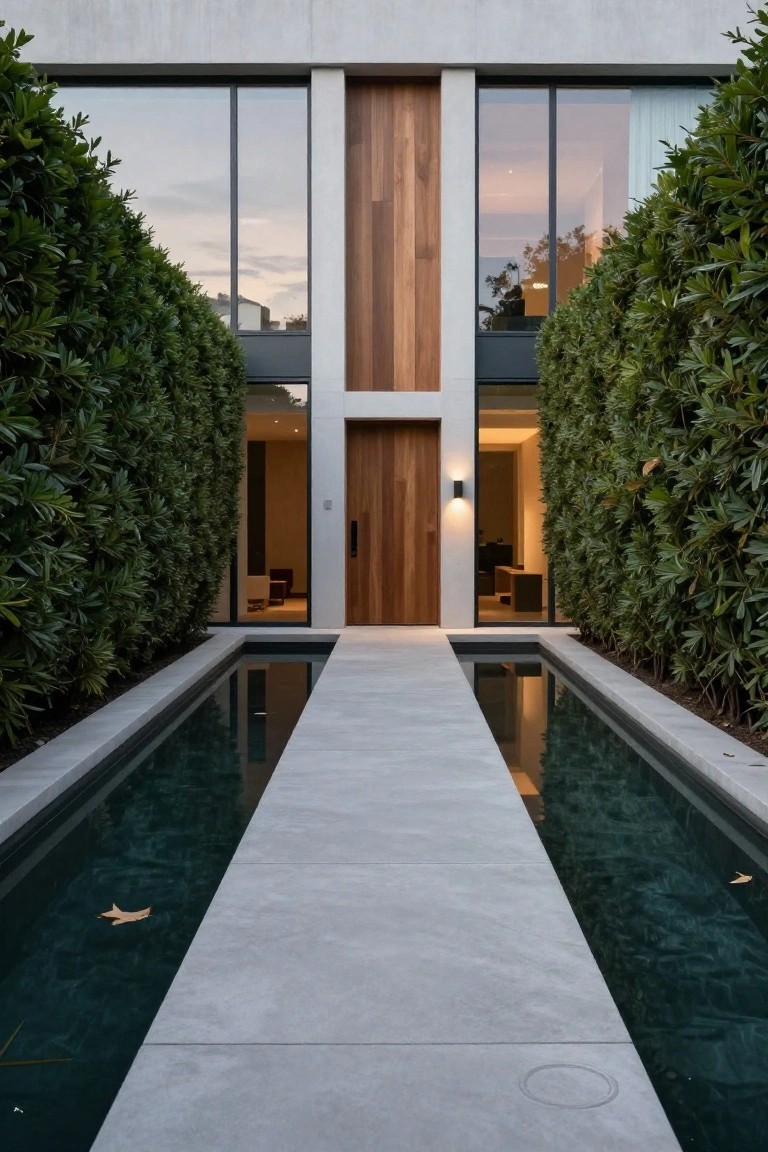 Modern home exterior with tall green hedges flanking a concrete walkway and narrow reflecting pools leading to a wooden front door between glass windows.