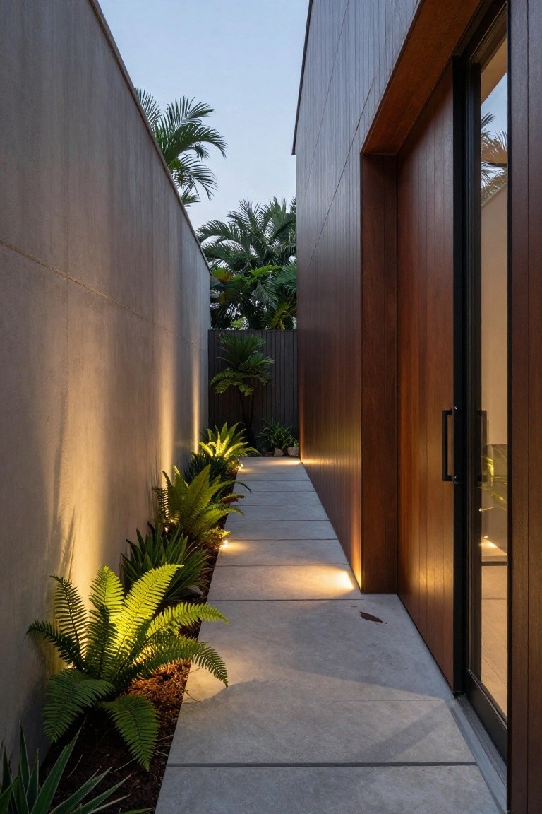 Narrow concrete pathway lined with ferns and other tropical plants illuminated by low ground lights, flanked by a tall concrete wall on one side and a wooden-clad wall with sliding glass door on the other.