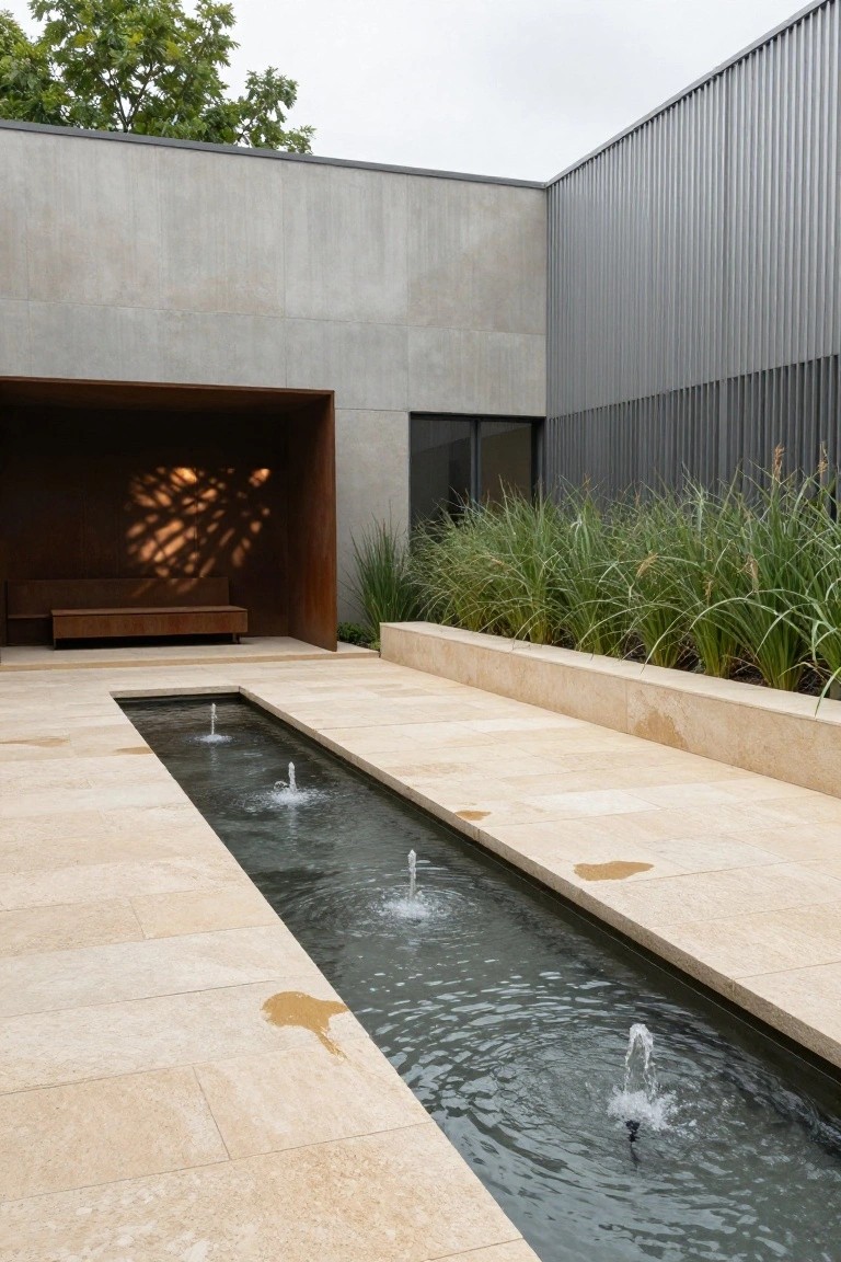 Modern courtyard patio with beige stone paving, linear water channel featuring three bubbling fountains, wooden bench pavilion, tall grasses, and gray concrete and metal walls.