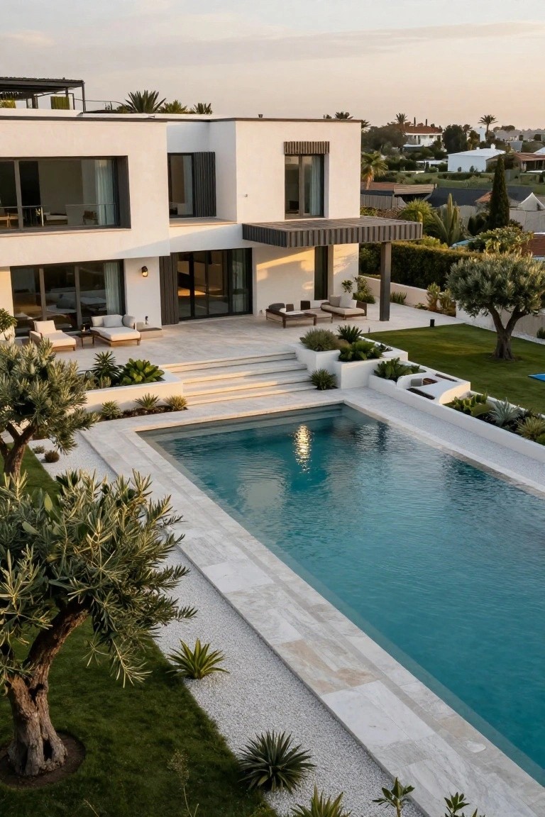 Modern white house with large glass doors overlooking a turquoise rectangular pool edged in pale stone decking, flanked by olive trees and grass.