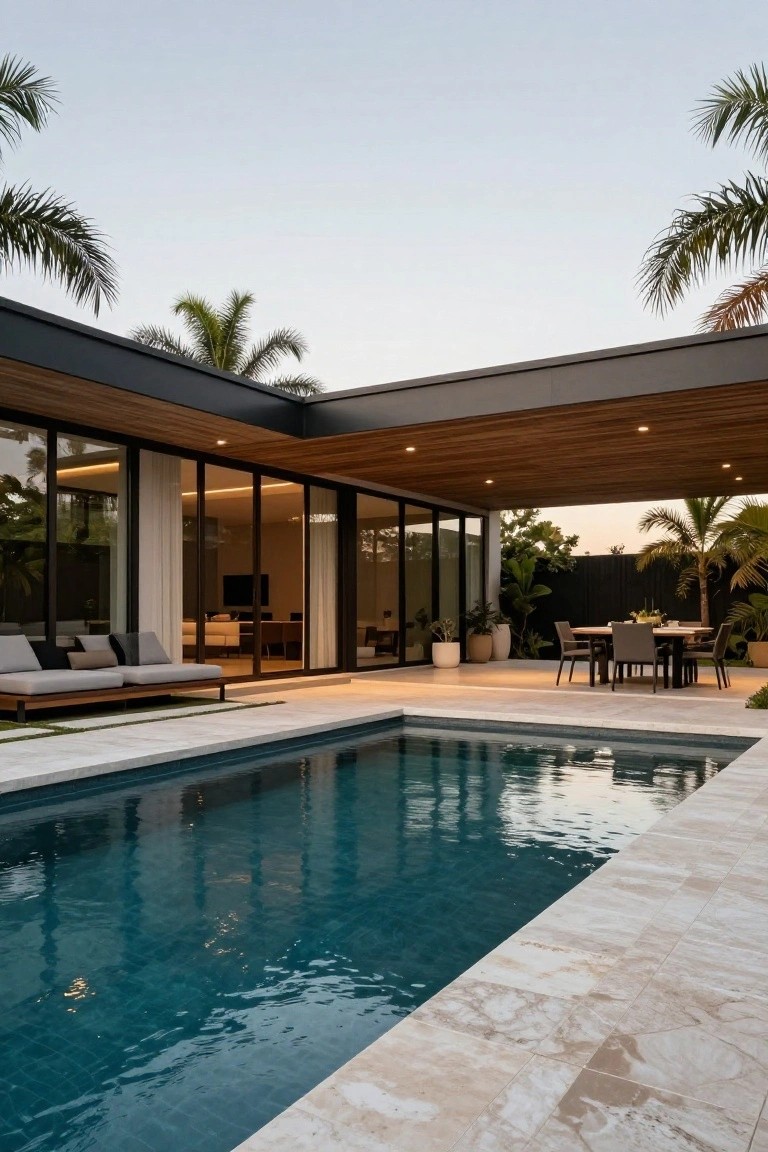 Modern home exterior with a rectangular pool edged in light travertine tiles, adjacent covered patio featuring wooden ceiling, gray lounge seating, black dining table with chairs, large glass doors, and palm trees in the background at dusk.