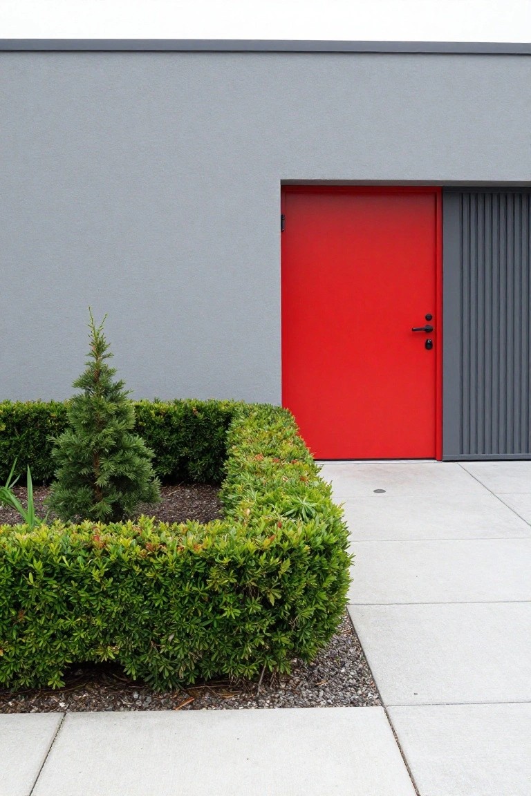 Gray modern exterior wall with a red entry door next to gray vertical slats, a small pine tree in a square box hedge bed, gravel mulch, and concrete paving.