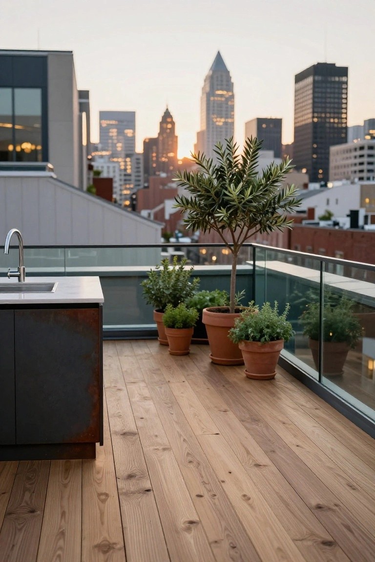 Rooftop deck with outdoor kitchen featuring a sink in white countertop, rusted metal cabinets, wooden flooring, potted olive tree and herb plants in terracotta pots, and glass railing overlooking city skyline at sunset.