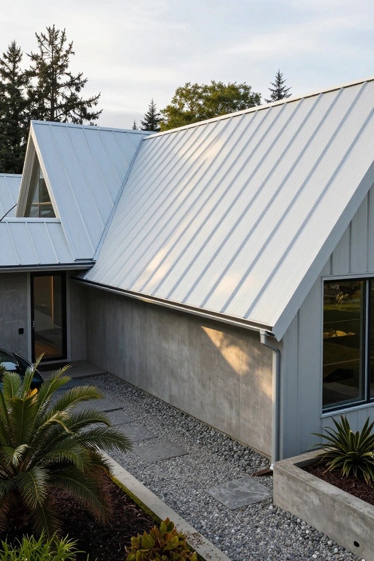 Modern house exterior with gray standing seam metal gabled roof, concrete side wall, wood-clad end wall, glass entry door, large windows, gravel path with stone pavers, and succulent plants.