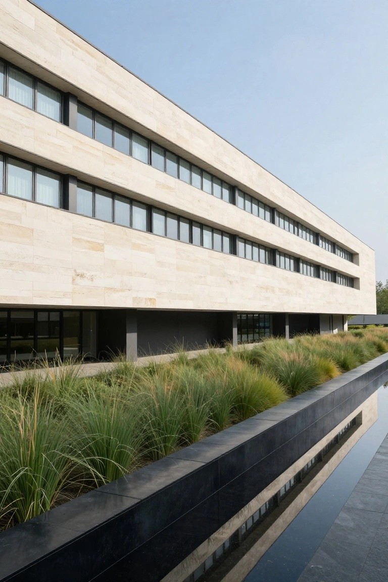 Modern multi-story building with beige stone cladding and large horizontal windows, elevated over a linear bed of tall grasses beside a narrow black reflecting pool.