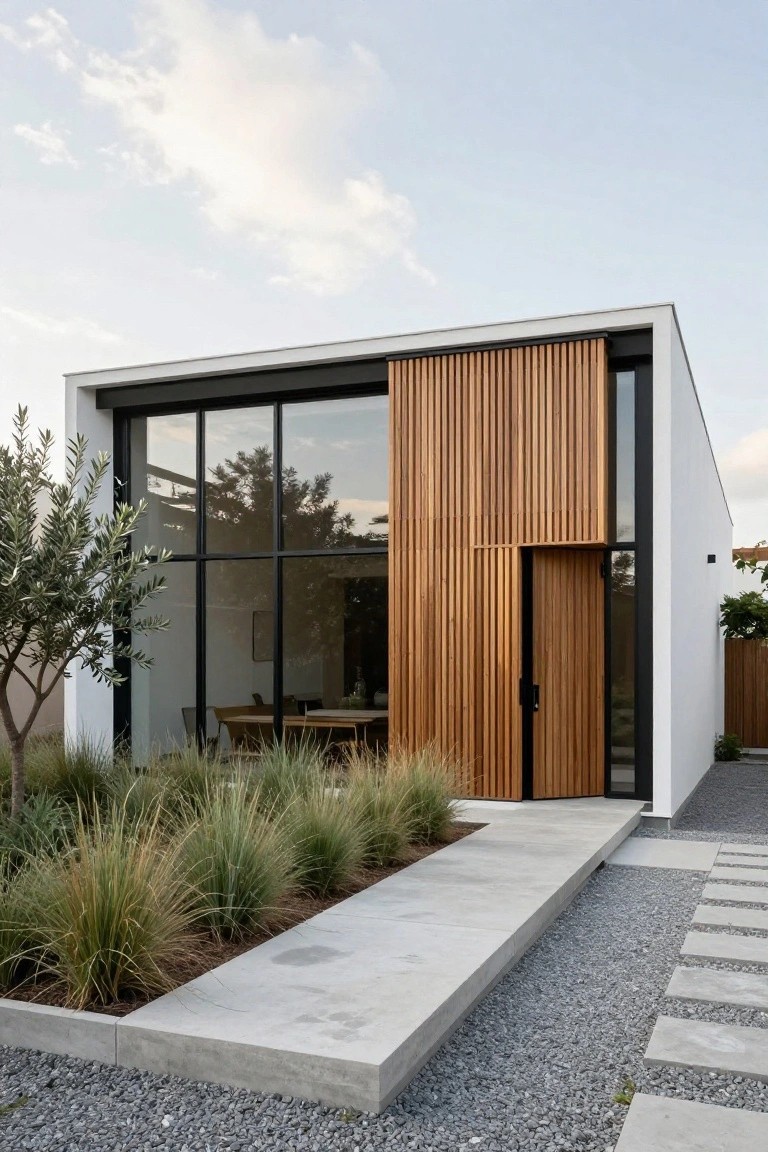 White modern cube house with vertical wooden slats and door on entry facade, large black-framed glass windows, concrete pathway edged by gravel and ornamental grasses, and an olive tree nearby.
