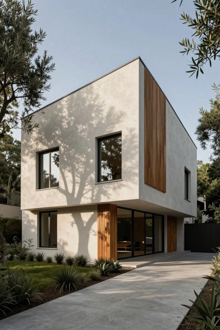 Modern single-story house with white stucco walls, vertical wood slats on the corner and entry, large black-framed windows and glass doors, olive trees casting shadows, agave plants, and concrete driveway.
