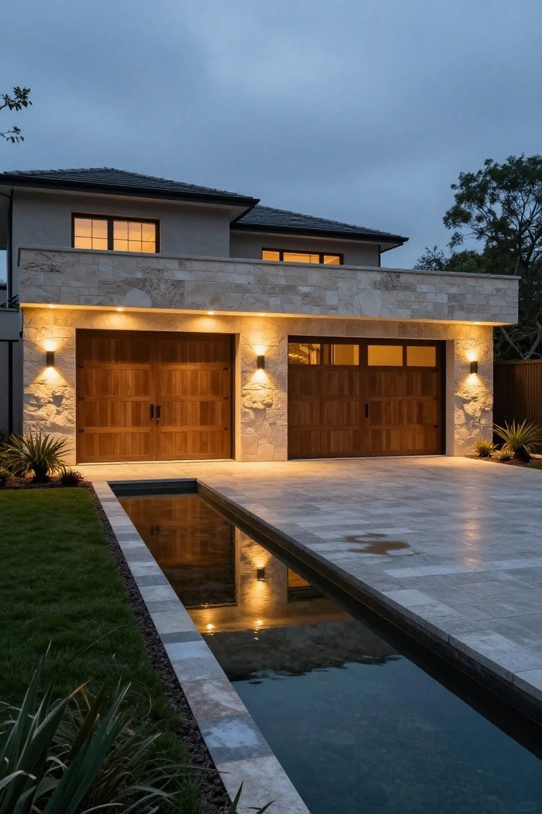 Modern two-car garage with wooden doors on a stone-clad house facade, flanked by wall lights, with a paver driveway and narrow reflecting pool edged in stone and greenery at dusk.