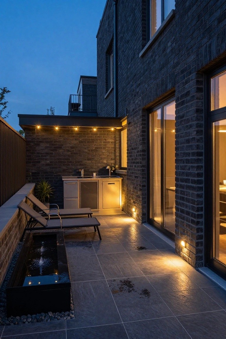 Black brick modern house at dusk with sliding glass doors open to a tiled patio that includes a built-in outdoor kitchen, two lounge chairs, potted plants, a narrow fountain feature, string lights, and wall sconces.